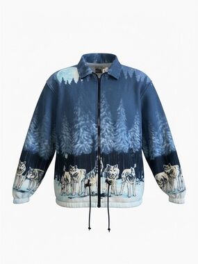 Cabin Fever Vintage Men’s XXL Jacket Wolf Print, Acrylic Shell, Fleece Lining